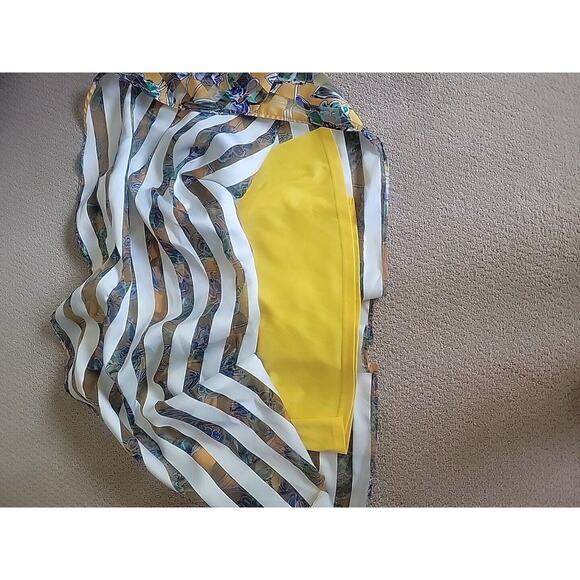 Banjul Women’s A-line High Low Skirt Yellow Size S Floral Pleated Striped Sheer - Picture 7 of 12